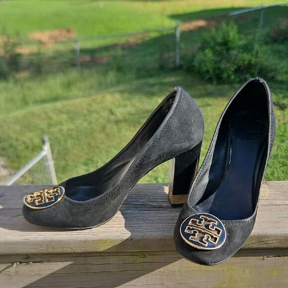 Tory Burch Black Suede Heels with Gold Logo & Block Heel - Project Heels - Picture 1 of 12